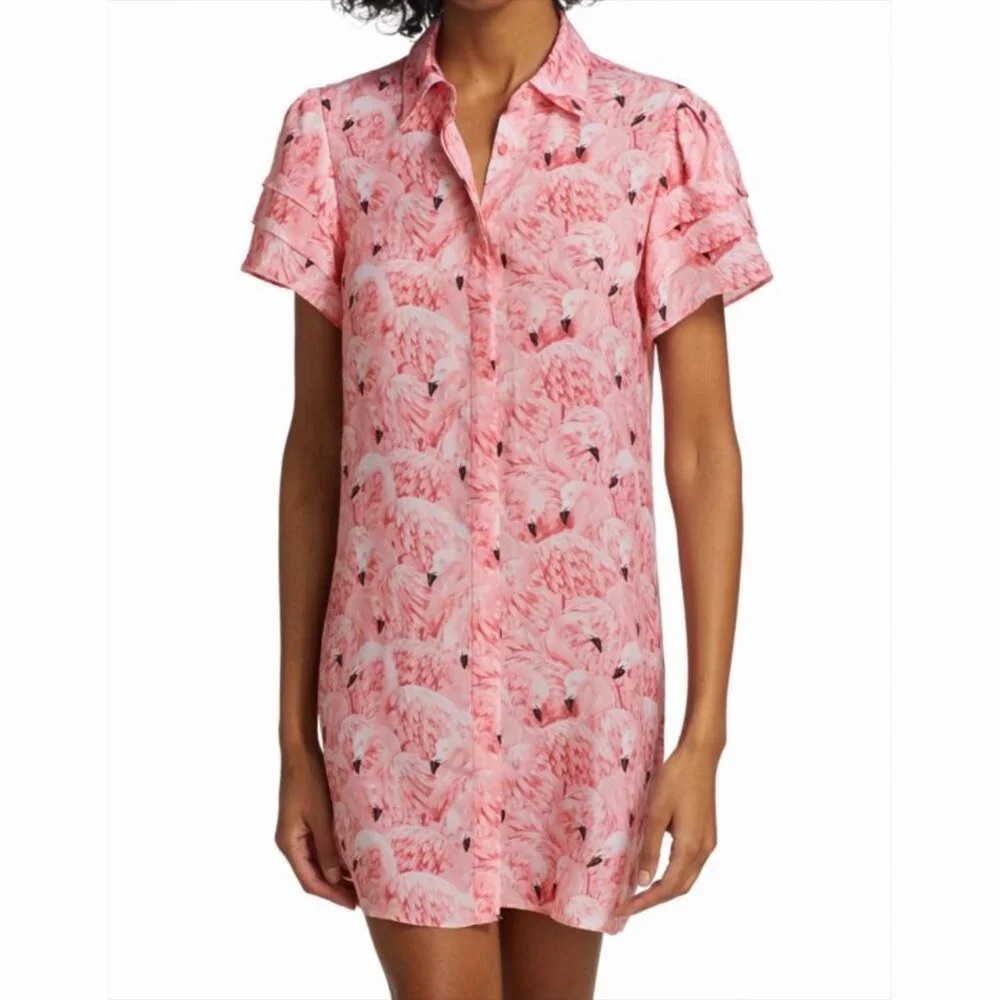 Alice + Olivia Jem Flamingo Print Mini Shirt Dress Pink Feather Bird Tunic L